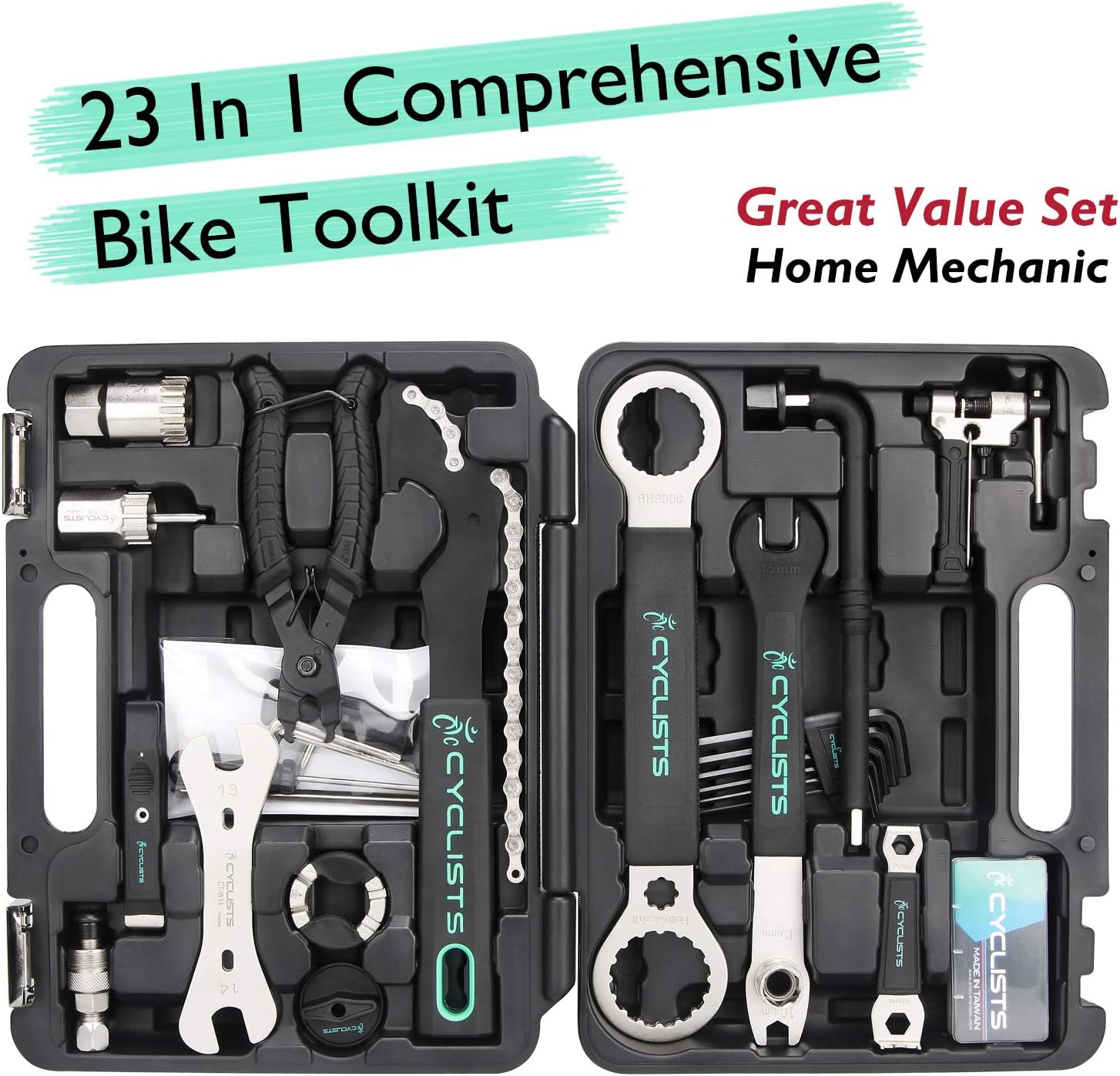 23 Piece Bike Tool Kit - Bicycle Repair Tool Box Compatible - Mountain/Road Bike Maintenance Tool Set with Storage Case Black